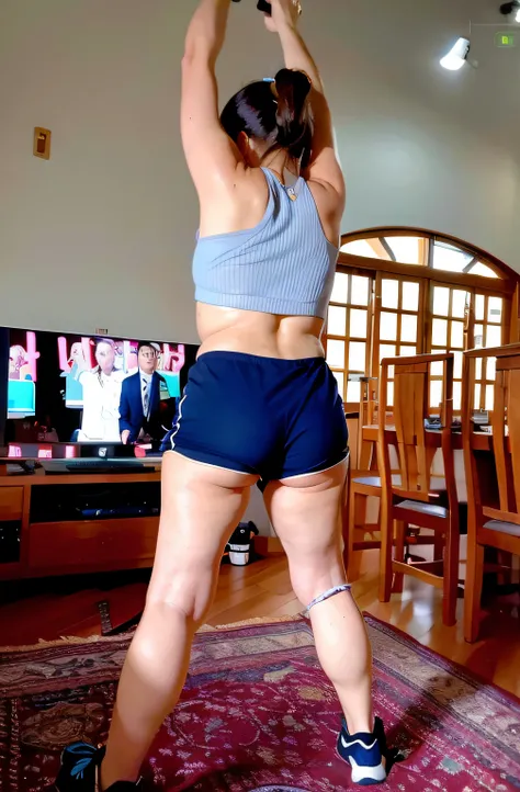 tem uma mulher de blusa azul e short jogando videogame, Costas - Pneu, back pose, sport bra and dark blue shorts, tiro nas costas, tiro longo das costas, tiro longo de costas, tiro traseiro, costas arqueadas, Tiroteio costeiro, Back from Toned, tiro trasei...