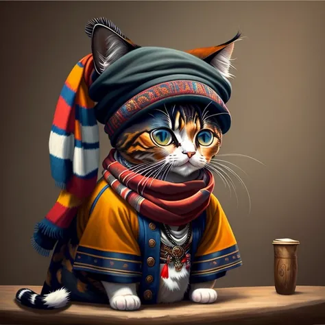 a painting of a cat wearing a hat and scarf, Trends in Art Station, vestido com roupas punk, hyper realistic detailed rendering, British gang member,  Estilo, pose intimidadora, planeta dos gatos, Roupas da moda,  Samurai, miau, Especialidades eslavas ocid...