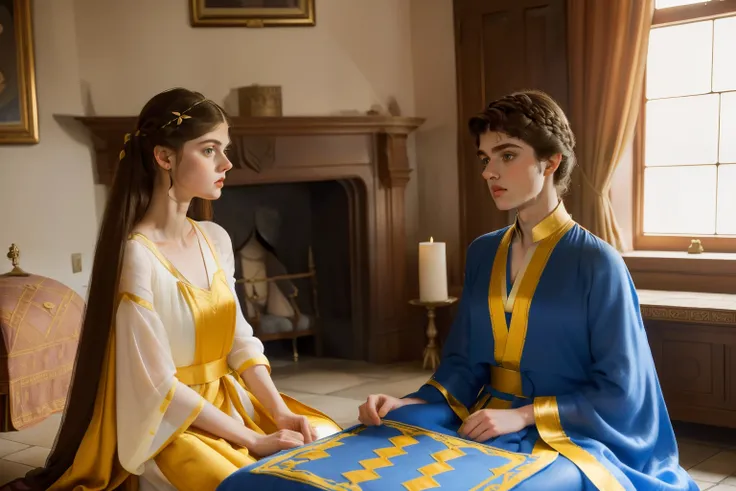 1136, Earlcastle, England. otherworldly scene in a luxurious medieval house, ((((16-year-old)) Alexandra Daddario)), with ((((13-year-old)) Matthew Daddario)), playing checkers, ((((tunic and gown from the 12th century)))), ((Hairstyle of the 12th century)...