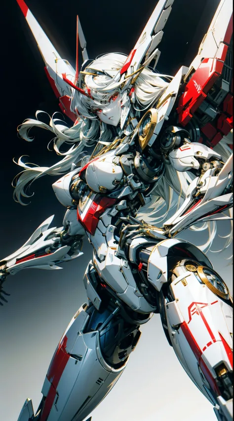 Robot women，Mechanical body，A queen，Tall guy，mature，The beautiful，Perfect white mechanical armor，Beautiful mechanical body，Slender robotic legs，Long white hair，delicated face，beauitful face，（（（gentle expressions））），red eyes，High heeled beauty，Paintings wit...