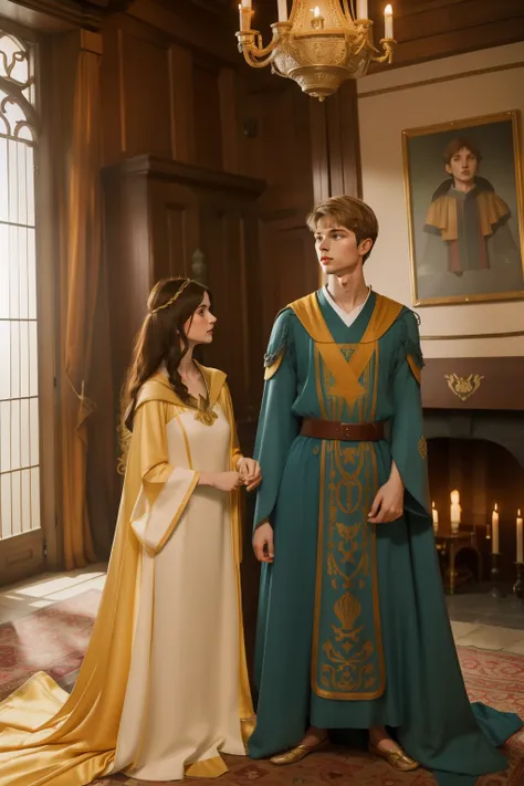 1136, Earlcastle, England. otherworldly scene in a luxurious medieval house, ((((15-year-old)) Alexandra Daddario)), with ((((18-year-old)) Hunter Parrish)), arguing, tense, ((((tunic and gown from the 12th century)))), ((Hairstyle of the 12th century)), (...