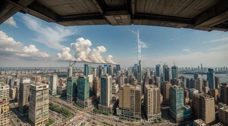 skyline of tall buildings and slum and traffic on road , Indian crowded city , slum ,water pollution, air pollution, traffic bird eye view, , noon day time , realistic , 4k , hyper realistic