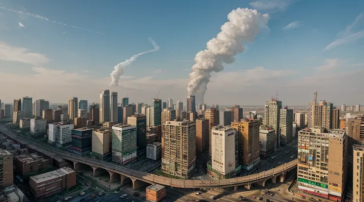 skyline of tall buildings and slum and traffic on road , Indian crowded city , slum ,water pollution, air pollution, traffic, drone view, , noon day time , realistic , 4k , hyper realistic