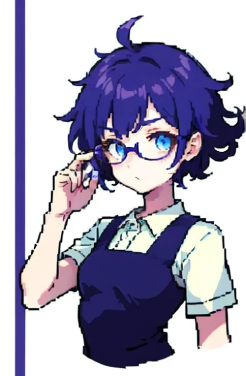 pixel, Pixel Art, 1no gender, cabelo roxo, parte superior do corpo, aconchegante, messy hair, Eyeglasses, sorrir, em pensamento profundo