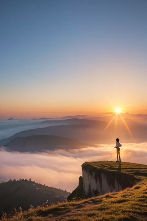 Draw a person admiring the sunset on a cliff