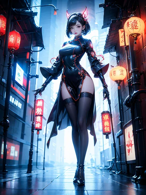 tmasterpiece,Best quality at best,A high resolution, 1个Giant Breast Girl,from below,(The legs are very thin and straight)，high-heels, Leg length when viewed from the front, perfect bodies,cyber punk personage，1个Giant Breast Girl，Delicate eyebrows，eye shado...