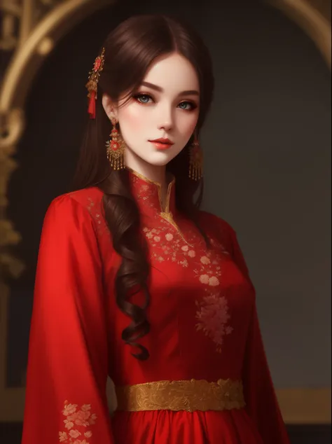 close-up of a girl in a red dress, guweiz, russian costume, Russian clothes, artwork in the style of guweiz, traditional dress, very detailed and rich clothing, traditional costume, palace, guweiz masterpiece, render of april