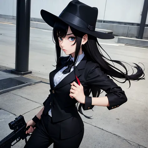 A girl cosplaying as Jigen Daisuke、Gamine、Chibi、Cute、Black hat、Black suit、guns、