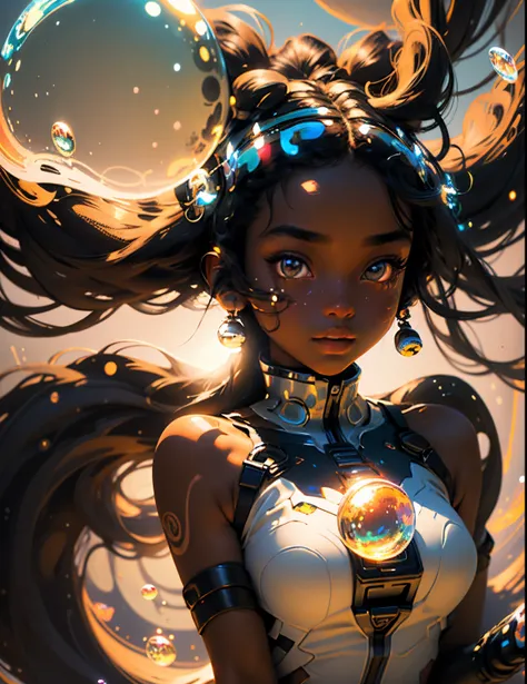 depth of field, masterpiece, best quality, 1 black girl with dark skin, black hair, brown eyes,  long hair,  solo, looking at viewer, dappled sunlight, girl with Bubbles ,glowing color, bright colors, luminescence, Vector Illustration Style, Crazy details,...