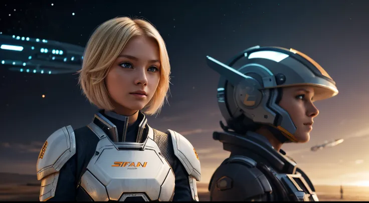 Kaukasian, Blond, This girl  fighting for her life in the far future, spaceships, mech, short culy hair