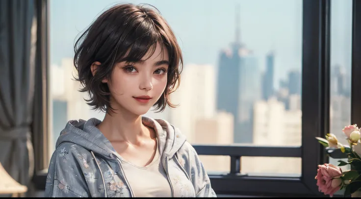 133
(a 20 yo woman,Wearing sportswear), (A hyper-realistic), (high-level image quality), ((beautiful hairstyle 46)), ((short-hair:1.46)), (Gentle smile), (breasted:1.46), (lipsticks), (darkened room), (florals), (wearing hoodies)