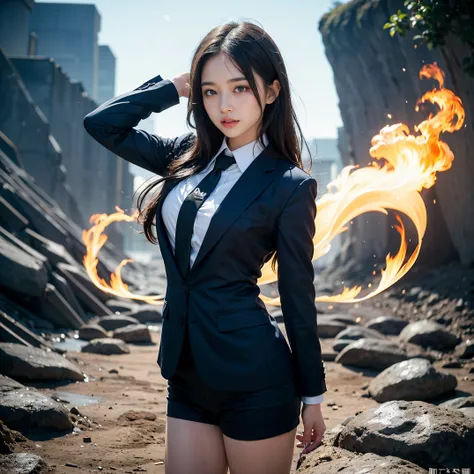 (masutepiece, Best Quality:1.2), 8K, Official art, Wearing a suit、You can see the chest、Five Fingers Photos&#39;Body of, full body Esbian、Suit Beauty、Big Dipper in the background、star explosion、Beautiful barefoot woman with dark hair, hold a flame in your ...