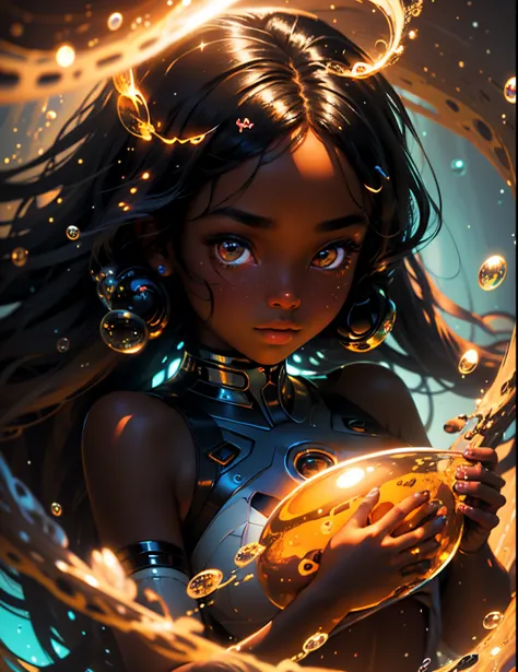 depth of field, masterpiece, best quality, 1 black girl with dark skin, black hair, brown eyes,  long hair,  solo, looking at viewer, dappled sunlight, girl with Bubbles ,glowing color, bright colors, luminescence, Vector Illustration Style, Crazy details,...