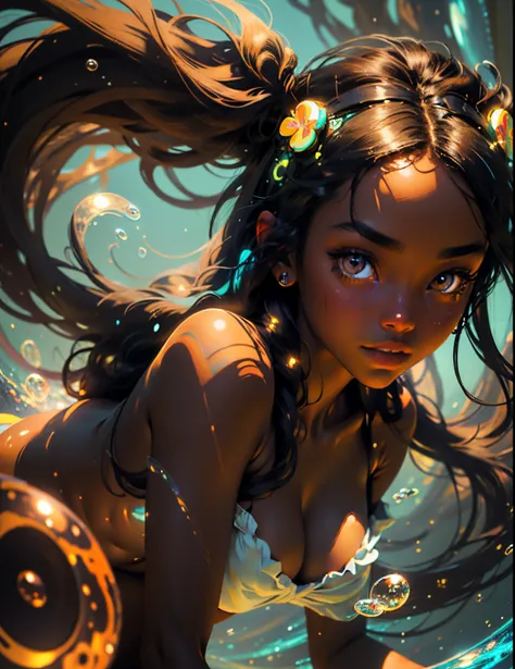 depth of field, masterpiece, best quality, 1 black woman with dark skin, black hair, brown eyes,  long hair,  solo, looking at viewer, dappled sunlight, girl with Bubbles ,glowing color, bright colors, luminescence, Vector Illustration Style, Crazy details...