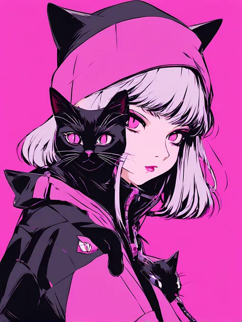 anime girl with black cat on pink background, portrait of goth cat girl, cat woman, anime style illustration, anime style 4k, an...