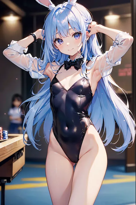 ((4ｋ、8ｋ、top-quality、Perfect Finger 1.1、Perfect Anatomy 1.1、Blur the background))、((elementary student、10yaers old、Small breasts、Lori))、（stright long hair）、a smile、（Bunny Girl Leotard）、Full-body angle、casino resort、