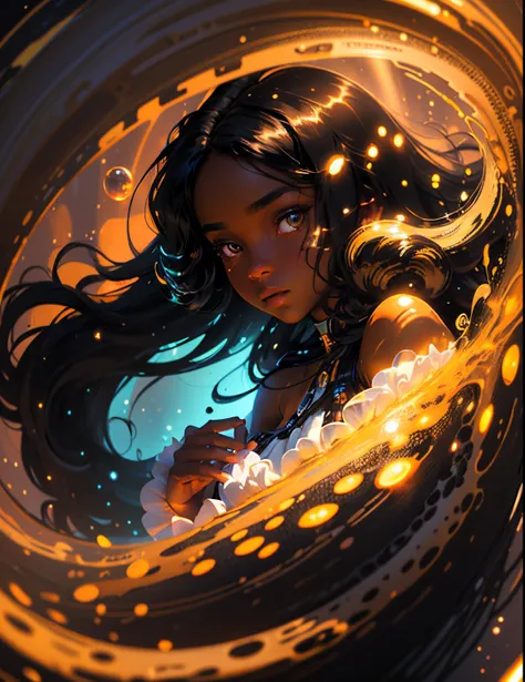 depth of field, masterpiece, best quality, 1 black woman with dark skin, black hair, brown eyes,  long hair,  solo, looking at viewer, dappled sunlight, girl with Bubbles ,glowing color, bright colors, luminescence, Vector Illustration Style, Crazy details...