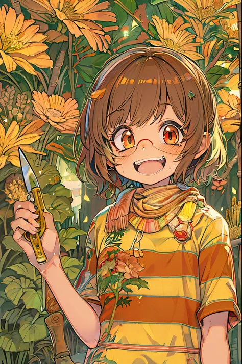 Red Eyes, girl, Holding a knife, yellow-green striped shirt with thick stripes, Red eyes glowing red, Head Tilted, mushroom head with short brown hair, With a clear smile on his face, chara, quadratic element, Stand among golden flowers with rays overhead