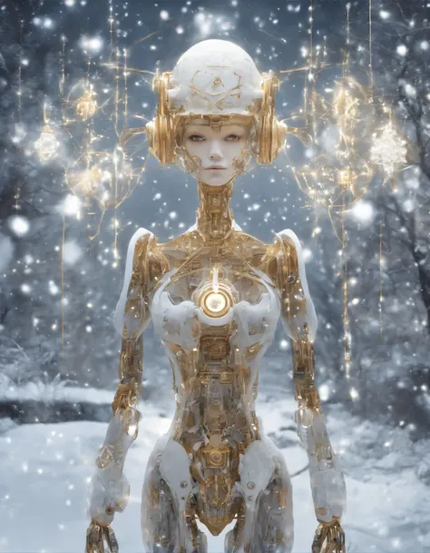 Art Brut Nouveau Photography, Robot Elf themed, Winter, Fairy lights, Snow flakes patterns, In the style of Surreal Robotics, gold, silver and white.