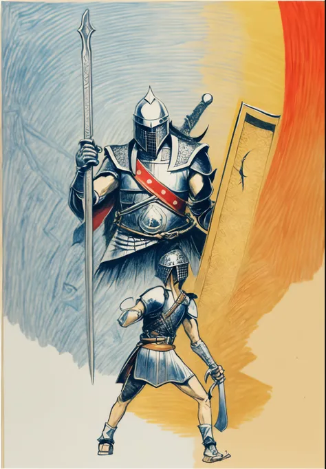 there is a drawing of a knight and a woman holding a sword, segurando um escudo e gladius, age of empires, aoe2, segurando escudo e espada, Davi e Golias, epic full color illustration, age of empires 2, age of empires ii, rpg rulebook illustration, Directe...