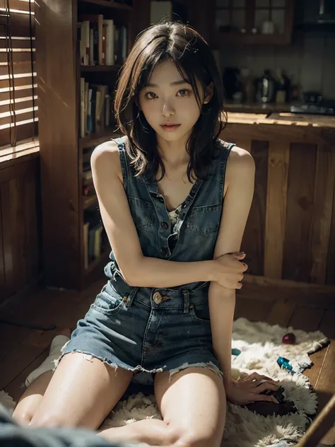 raw photo, 8k, (top-quality), Realistic, (real picture, Intricate details), (natural skin texture, detailed skin, hyper realism, sharpness), (Japanese college girl kneeling in an abandoned traditional Japanese room), ((wearing Denim short Dress over naked,...