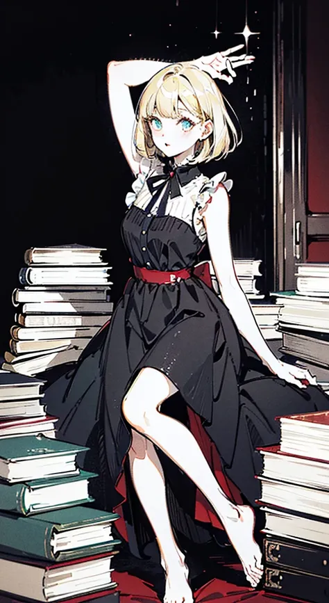 (best quality,8k,ultra-detailed:1.2),no extra arms,no extra legs,no extra fingers,a massive pile of books,blonde,bob cut,large black ribbon on the top of the head,red sleeveless dress,barefoot,white room,portrait,soft lighting,vibrant colors,bokeh.