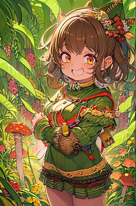 Red Eyes, girl, yellow-green striped shirt with thick stripes, Red eyes glowing red, Head Tilted, mushroom head with short brown hair, with a bright smile on her face, chara, quadratic element, Stand among golden flowers with rays overhead