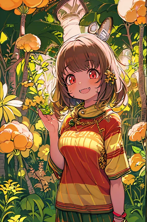 Red Eyes, girl, Yellow striped shirt with thick stripes, Red eyes glowing red, Head Tilted, mushroom head with short brown hair, with a bright smile on her face, chara, quadratic element, Stand among golden flowers with overhead rays