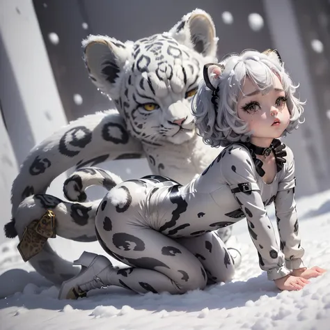 ​masterpiece、top-quality、ultra-detailliert、(Chibi Charas Daughter:1.2)、(High resolution:2) ,(weeping print catsuit,white snow leopard:1.7,girl in latex suit:1.3)
(gray hair curly bob hair, Snow leopard ears:1.2),(Latex Choker:1.1),(White High Heel Shoes:1....