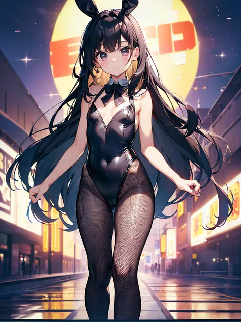 ((4ｋ、8ｋ、top-quality、Perfect Finger：1.3、Perfect Anatomy：1.3、Blur the background))、((elementary student、10yaers old、Small breasts、Lori))、（stright long hair）、a smile、（Bunny Girl Leotard、fishnet tights）、Full body depiction、zoomout、casino、