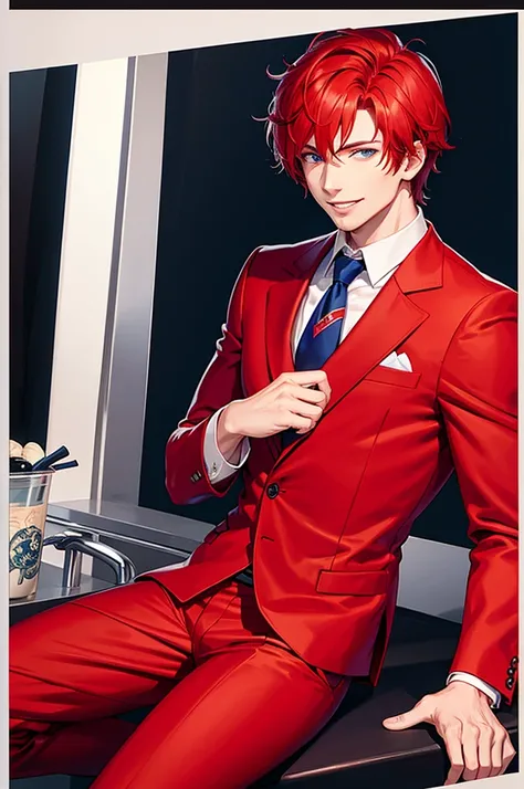 A man with short, fine red hair, blue eyes, handsome, smiling, wearing a red suit.