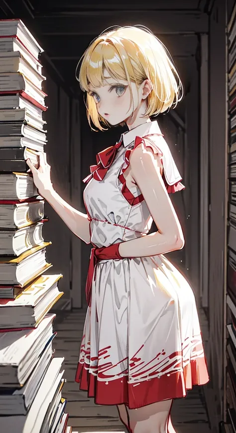 she is reading a book in the quiet garden。Her hair is golden blonde、Bob haircut is accented with a large black ribbon on her head。she is wearing a red sleeveless dress、Walking with hands folded behind your back。The background is a white room、Soft lighting ...