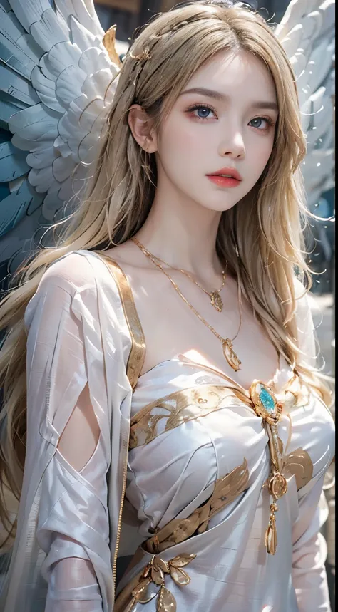 (Blue eyes, blonde angel with gold jewelry, Young woman in her 20s, Portrait of a beautiful angel, Portrait of a beautiful angelic woman, Beautiful Angel, a woman with angel wings, Angelic face, beautiful angelic wings, woman with wings, Angelic, beautiful...