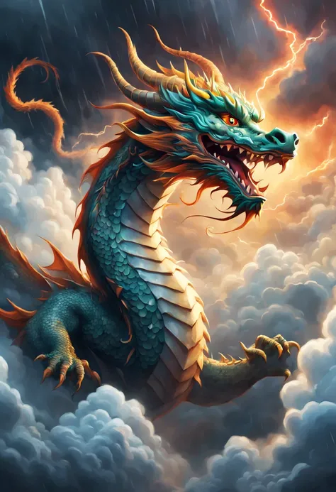 a cute traditional Chinese dragon gliding through a thunderstorm, depicted through captivating digital illustration. The artwork showcases the dragons powerful and graceful movement against a backdrop of clouds and flashes, its long tail creating intricate...