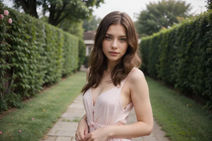 8k, Foto RAW, Fujifilm, Style photography of a beautiful young girl like Avril in a light pink rose garden. (Piel altamente detallada: 1.2) Estilo-Petal BREAK pelo corto, cabello rubio con mechones de colores, usando un vestido, film grain, 35mm, Estilo li...