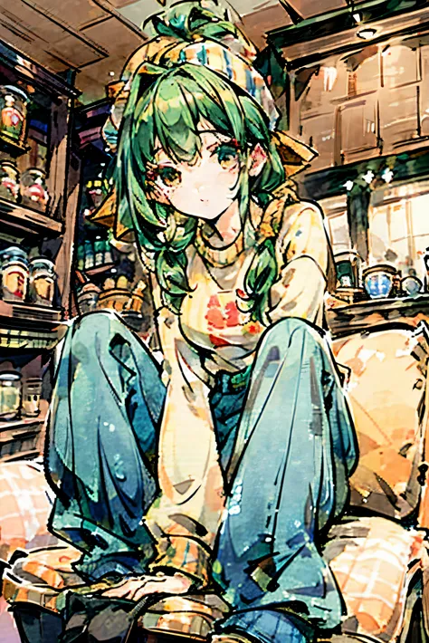 1girl, solo, Coffee shop, green hair, beanie, sweater, jeans, sitting on chair, dynamic pose, indoors,