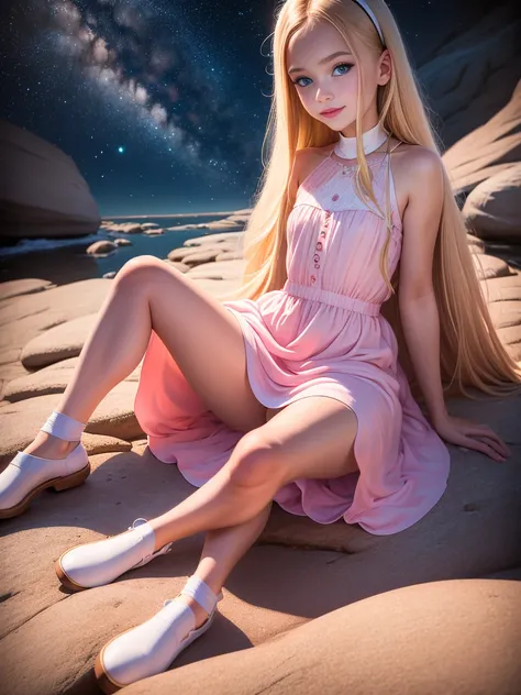 (absurdres, highres, ultra detailed), 1 girl, beautiful, blonde, long hair, blue eyes, innocent face smiling, pink lipstick, full body, looking the stars, short white summer dress, spread legs, childish panties , panties visible, sitting in some rocks in t...