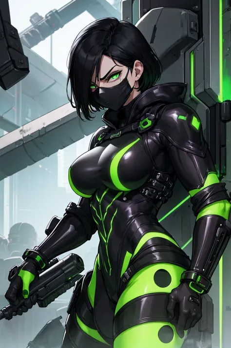 Strong woman villain, Angry face, Black mask over eyes, Short black hair, Green glowing eyes, black Rubber bodysuit, Long black rubber gloves, long black rubber boots, silver machine attached to back, green liquid tubes attached to back, Green liquid wires...