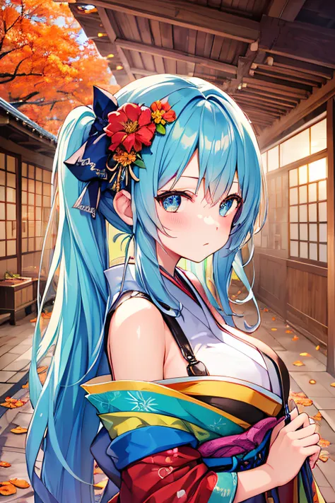 ​masterpiece、Top image quality、超A high resolution、miku hatsune、blue hairs、Twin-tailed、Blushing、Cute and shy、japanese kimono、firm breasts、well-shaped breasts、kyoto、Japan、during daytime、Autumn leaves、Autumn