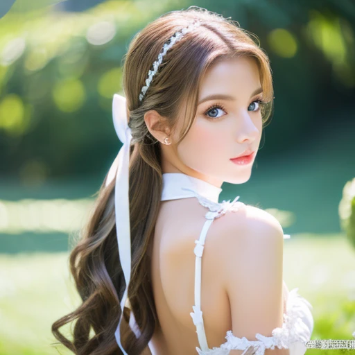 young woman with her hair tied back、White Fantasy Costume、ligh brown hair、Green eyes