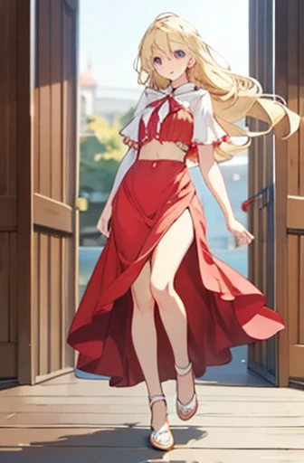 masterpiece, best quality, sketch, 1girl, solo, female focus, looking at viewer, , depth of field, , realistic, chika_shinmoto, blonde hair, blue eyes, , The Shattering Isles, long hair, midriff, red dress, full body