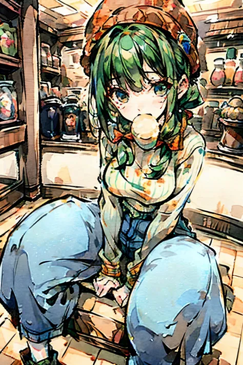 1girl, solo, Coffee shop, green hair, beanie, sweater, jeans, sitting on chair, dynamic pose, indoors,