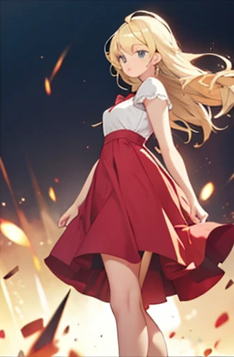 masterpiece, best quality, sketch, 1girl, solo, female focus, looking at viewer, , depth of field, , realistic, chika_shinmoto, blonde hair, blue eyes, , The Shattering Isles, long hair, midriff, skimpy red dress, full body