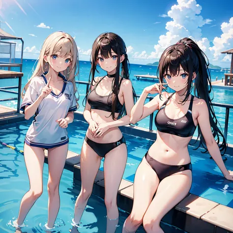 ((4ｋ、8ｋ、top-quality、Perfect Finger：1.3、Perfect Anatomy：1.3、Blur the background))、((a junior high school student、14years、Small breasts))、（twogirls、The first one has straight long hair、The second person has ponytail hair）、a smile、（swim wears）、Full body depic...