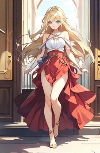 masterpiece, best quality, sketch, 1girl, solo, female focus, looking at viewer, , depth of field, , realistic, chika_shinmoto, blonde hair, blue eyes, , The Shattering Isles, long hair, midriff, skimpy red dress, full body, bare shoulders