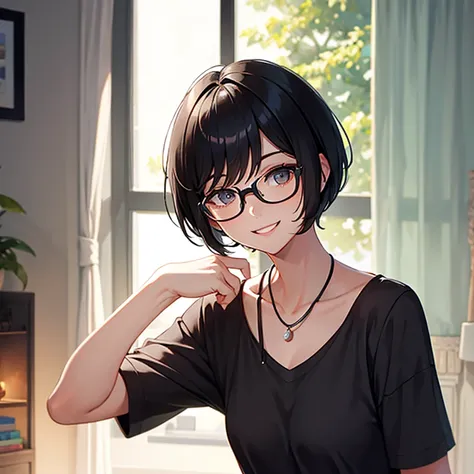 Short black hair, glasses, bob hair, loose wavy hair, smile, looking straight ahead, likes games, in the room, alone, upper body