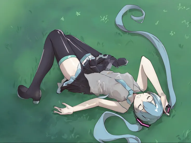 Hatsune Miku lying on the grass