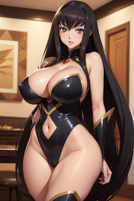 (Naked ass Code Geass, 1girl) balck  hair, puffy lips, painted lips, thick lips, wide hips, thick thighs, breast, huge ass,  cleavage, smile face, bubble butt, camel toe, Breasts, (naked) ,  blue eye, perfect body