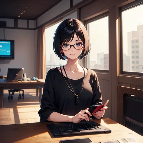 Short black hair, glasses, bob hair, loosely wavy hair, smiling, looking straight ahead, playing a Switch game, in the room, alone, upper body