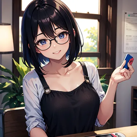 Short black hair, glasses, bob hair, loose wavy hair, smiling, looking straight ahead, Nintendo Switch, playing a game, in the room, alone, upper body, otaku